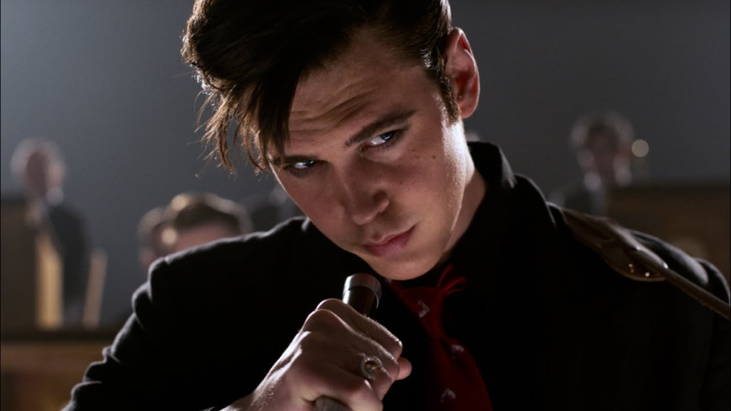 Austin Butler as Elvis Presley about to perform Trouble